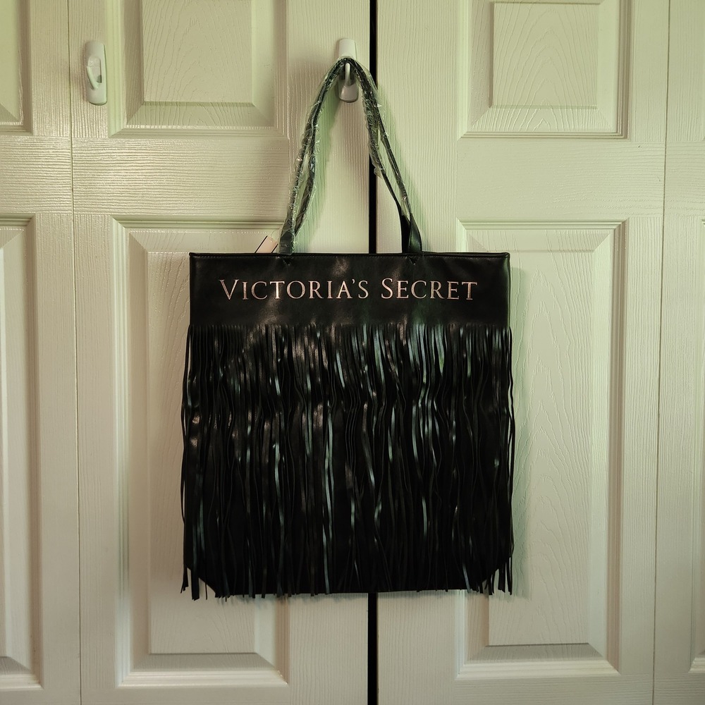 Victorias Secret Black Fringe Tote Bag‎ Rose Gold Logo Faux Leather Shoulder Bag